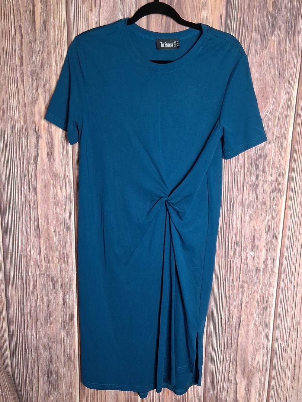 The Station teal blue short sleeve midi t shirt dress with twist knot medium